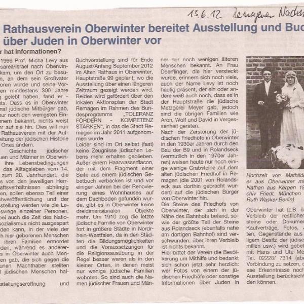 Rathausverein bereitet Ausstellung und Buch über Juden in Oberwinter vor